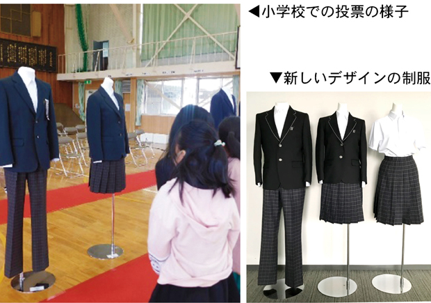 投票の様子と新制服のデザインの写真