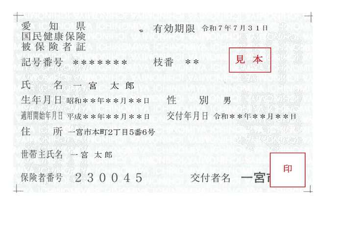 国民健康保険被保険者証の見本の写真