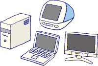 デスクトップ型パソコン本体、ノートパソコン、ディスプレイ一体型パソコン、ディスプレイのイラスト