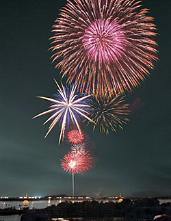 写真：夜空に沢山の花火が打ちあがっている