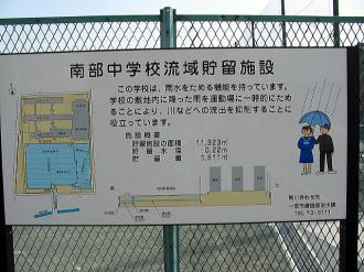 写真:南部中学校流域貯留施設の説明看板。この学校は、雨水をためる機能を持っています。学校の敷地内に降った雨を運動場に一時的にためることにより、川などへの放流を抑制することに役立っています。