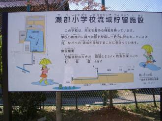 写真：瀬部小学校流域貯留施設の説明看板。この学校は、雨水をためる機能を持っています。学校の敷地内に降った雨を校庭に一時的にためることにより、河川などへの流出を抑制することに役立っています。