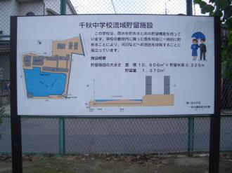 写真:千秋中学校流域貯留施設の説明看板。この学校は、雨水を貯めるための機能を持っています。学校の敷地内に降った雨を校庭に一時的にためることにより、河川などへの流出を抑制することに役立っています。