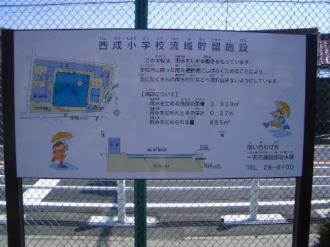 写真:西成小学校流域貯留施設の説明看板。この学校は、雨水をためる働きをもっています。学校内に降った雨を運動場にしばらくにためることにより、急にたくさんの雨水が川などへ流れ出さないようにしています。