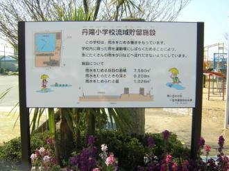 写真:丹陽小学校流域貯留施設の説明看板。この学校は、雨水をためる働きをもっています。学校内に降った雨を運動場にしばらくにためることにより、急にたくさんの雨水が川などへ流れ出さないようにしています。