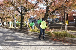 写真：公園の落ち葉を箒を使って掃き掃除する人たちの様子