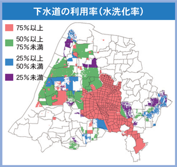 下水道の利用率（水洗化率）の分布図