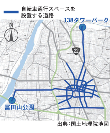 自転車通行スペースを設置する道路の図（出典：国土地理院地図）