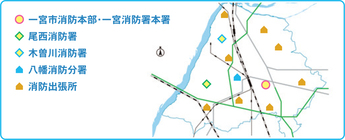 地図：一宮市内の常備消防の拠点