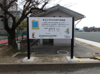 写真：末広小学校流域貯留施設の説明看板。この学校内に降った雨は、グラウンド内に一時的にためられるようになっています。これは雨がたくさん降った時、雨水が一度に川に流れこんで、川があふれないようにするための仕掛けです。みなさんが学んでいる学校のグラウンドが、災害を減らすことに大きく役立っています。