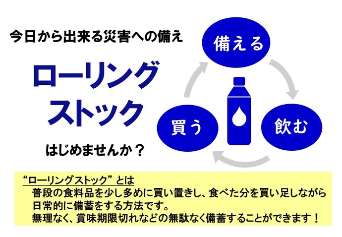 イラスト：今日から出来る災害への備え　ローリングストックはじめませんか？