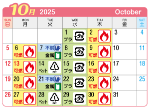2025年10月今伊勢連区ごみ・資源収集日カレンダー