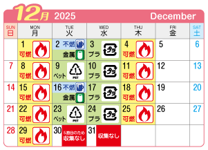 2025年12月今伊勢連区ごみ・資源収集日カレンダー