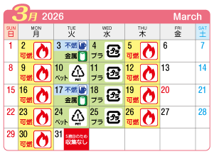 2026年3月今伊勢連区ごみ・資源収集日カレンダー