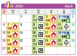 2025年4月富士連区ごみ・資源収集日カレンダー
