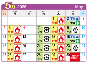 2025年5月富士連区ごみ・資源収集日カレンダー