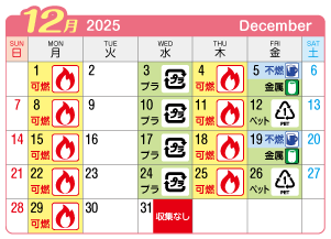 2025年12月富士連区ごみ・資源収集日カレンダー