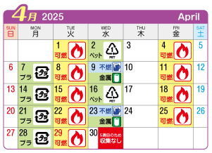 2025年4月神山連区ごみ・資源収集日カレンダー