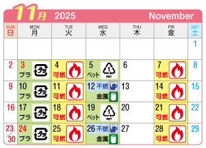 2025年11月神山連区ごみ・資源収集日カレンダー