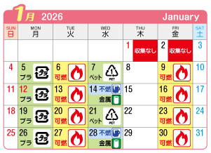 2026年1月神山連区ごみ・資源収集日カレンダー