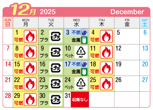 2025年12月葉栗連区ごみ・資源収集日カレンダー