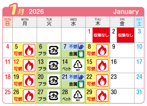 2026年1月葉栗連区ごみ・資源収集日カレンダー