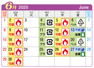 2025年6月西成連区ごみ・資源収集日カレンダー