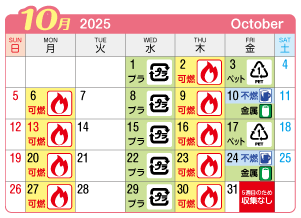 2025年10月西成連区ごみ・資源収集日カレンダー
