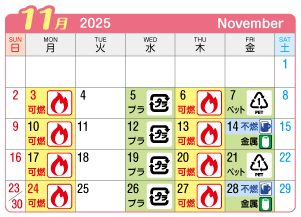 2025年11月西成連区ごみ・資源収集日カレンダー