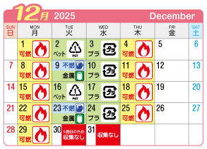 2025年12月丹陽町連区ごみ・資源収集日カレンダー