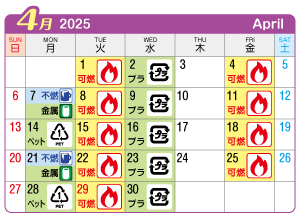 2025年4月木曽川町連区ごみ・資源収集日カレンダー