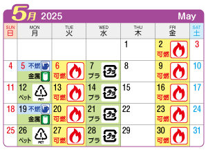 2025年5月木曽川町連区ごみ・資源収集日カレンダー
