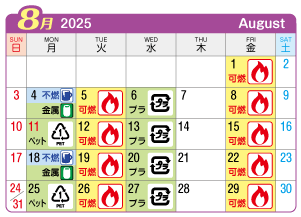 2025年8月木曽川町連区ごみ・資源収集日カレンダー