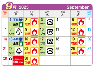2025年9月木曽川町連区ごみ・資源収集日カレンダー