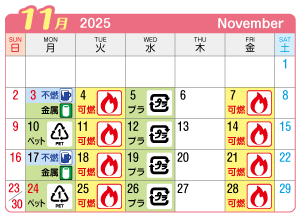 2025年11月木曽川町連区ごみ・資源収集日カレンダー