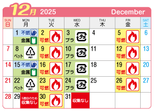 2025年12月木曽川町連区ごみ・資源収集日カレンダー