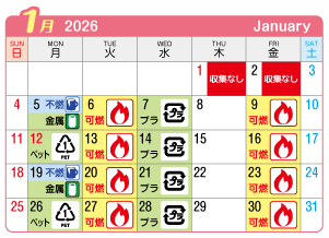 2026年1月木曽川町連区ごみ・資源収集日カレンダー