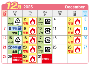 2025年12月大和町連区ごみ・資源収集日カレンダー