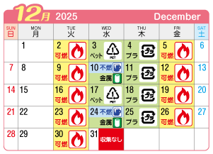 2025年12月奥町連区ごみ・資源収集日カレンダー