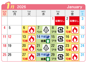 2026年1月奥町連区ごみ・資源収集日カレンダー