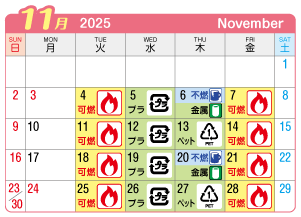 2025年11月萩原町連区ごみ・資源収集日カレンダー