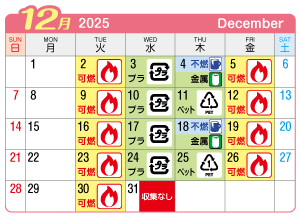 2025年12月萩原町連区ごみ・資源収集日カレンダー