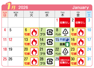 2026年1月萩原町連区ごみ・資源収集日カレンダー