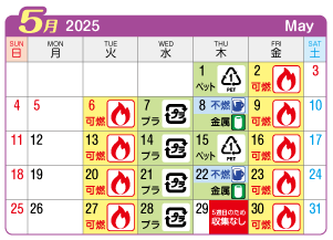 2025年5月起連区ごみ・資源収集日カレンダー