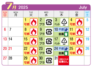 2025年7月起連区ごみ・資源収集日カレンダー