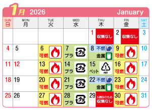 2026年1月起連区ごみ・資源収集日カレンダー