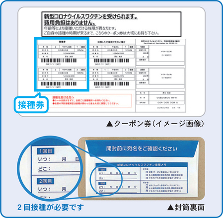 クーポン券のイメージ画像と、2回接種が必要と分かる封筒裏面の写真