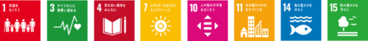 SDGsロゴ1,3,4,7,10,11,14,15