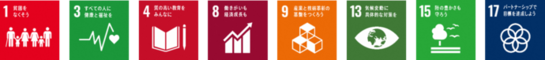 SDGsロゴ1,3,4,8,9,13,15,17