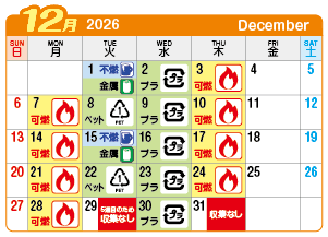 2026年12月宮西連区ごみ・資源収集日カレンダー